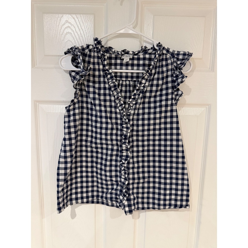 J.Crew Gingham Ruffle V-Neck Flutter Sleeve Top Navy White XS